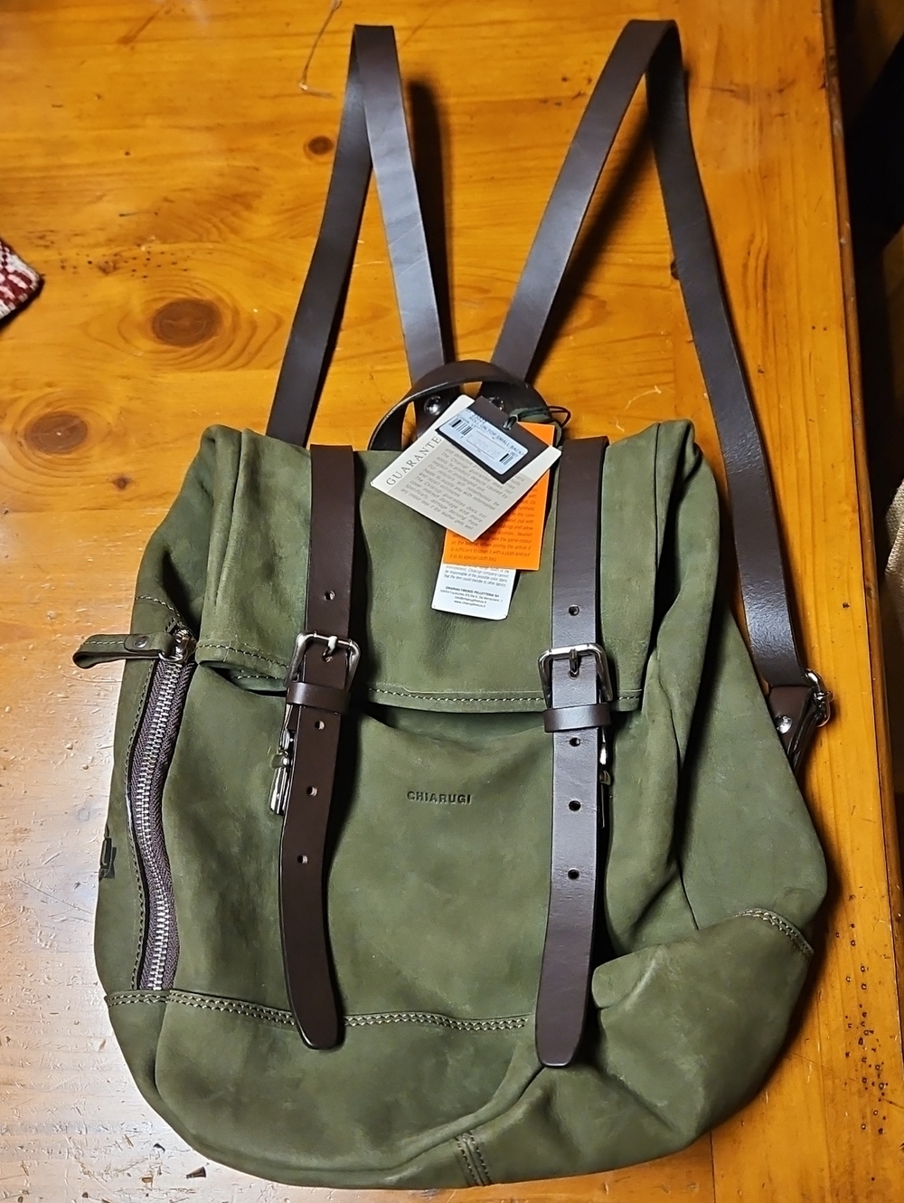Chiarugi Olive Green Leather Backpack with Dark Brown Straps NWT